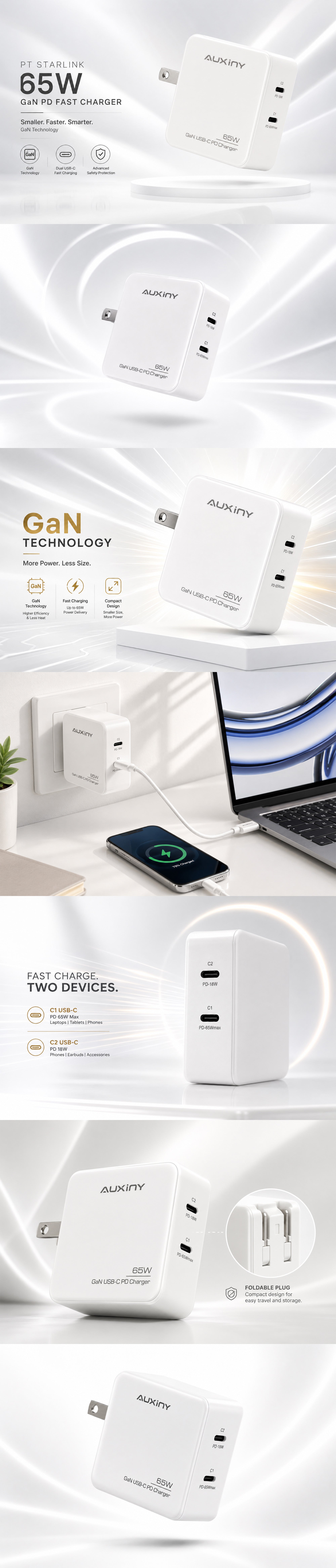 Auxiny 65W GaN Dual USB-C PD Fast Wall Charger
