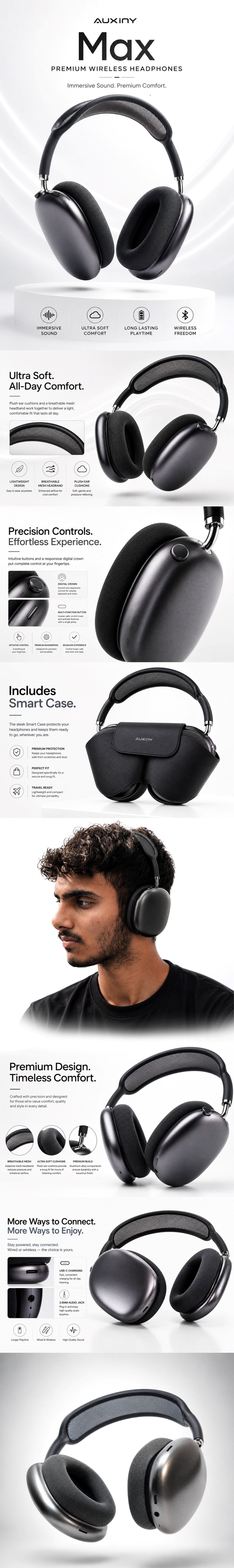 Auxiny Max Wireless Over-Ear Headphones with Smart Case