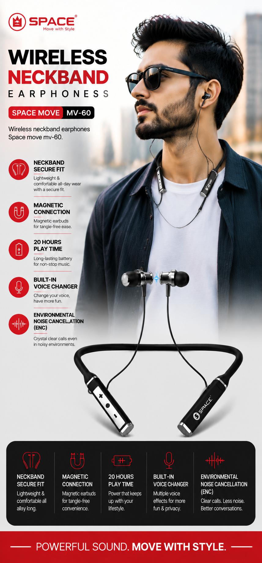 Space Wireless Neckband Earphones