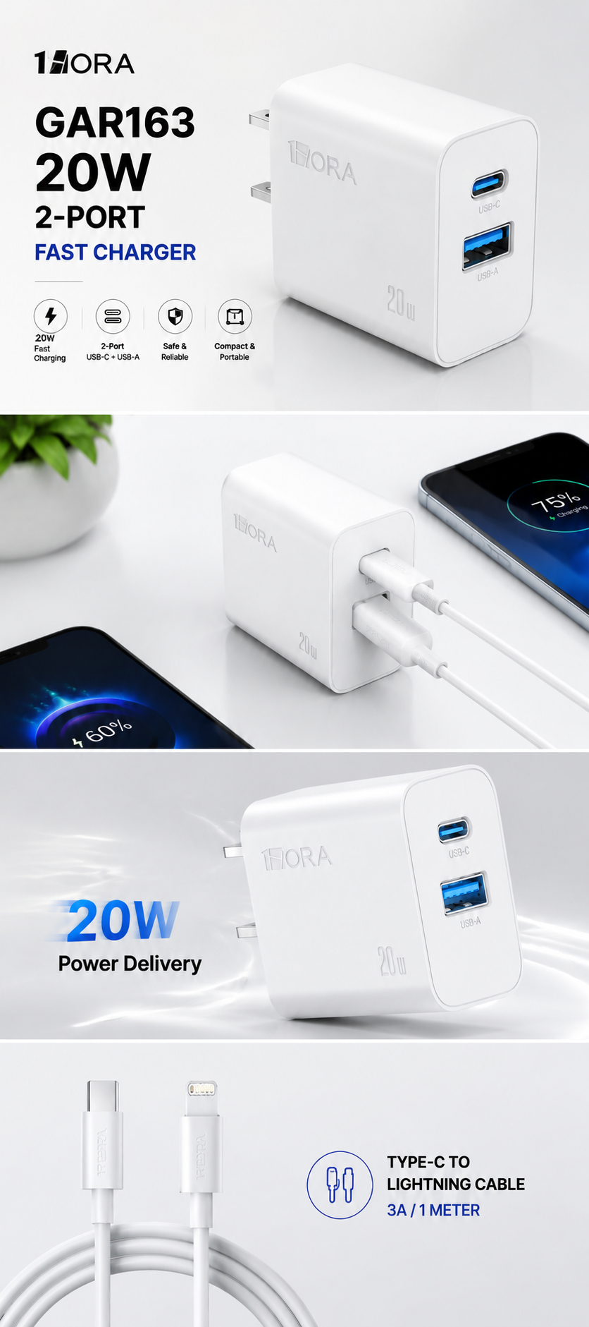 1Hora 20W 2-Port Fast Charger