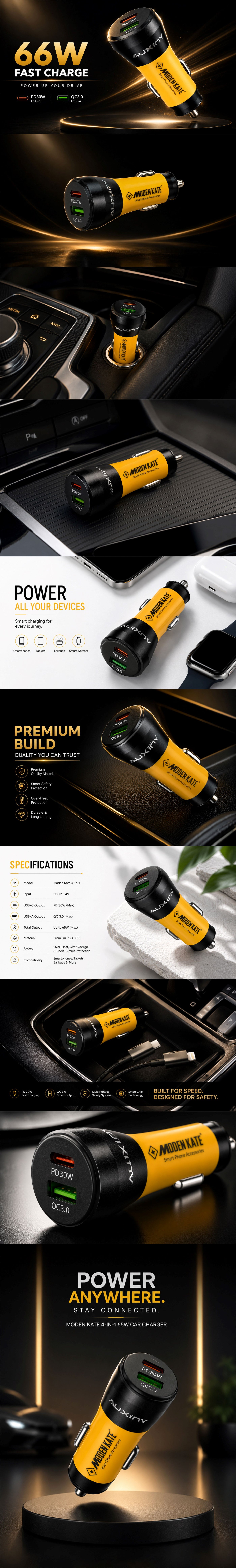 Auxiny Moden Kate 66W PD QC3.0 Car Charger