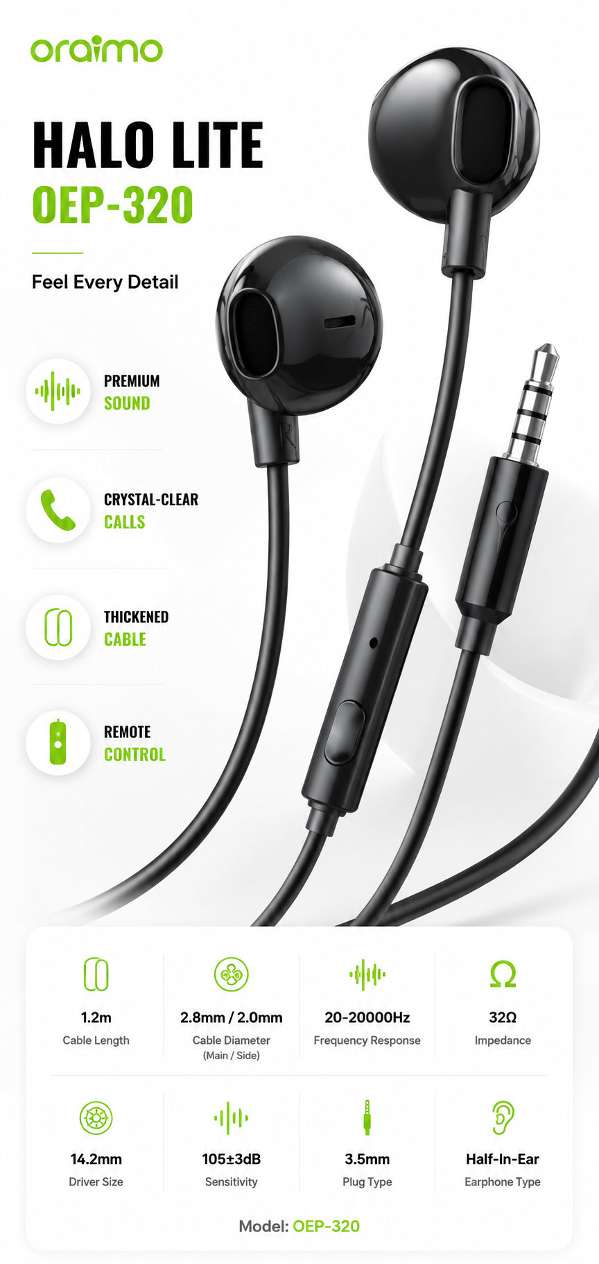Oraimo 3.5MM Half In-Ear Earphones