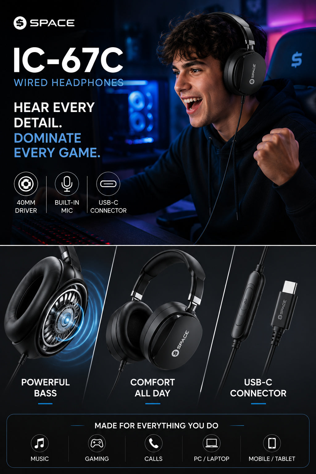 SPACE ICON IC-67C Wired Headphones