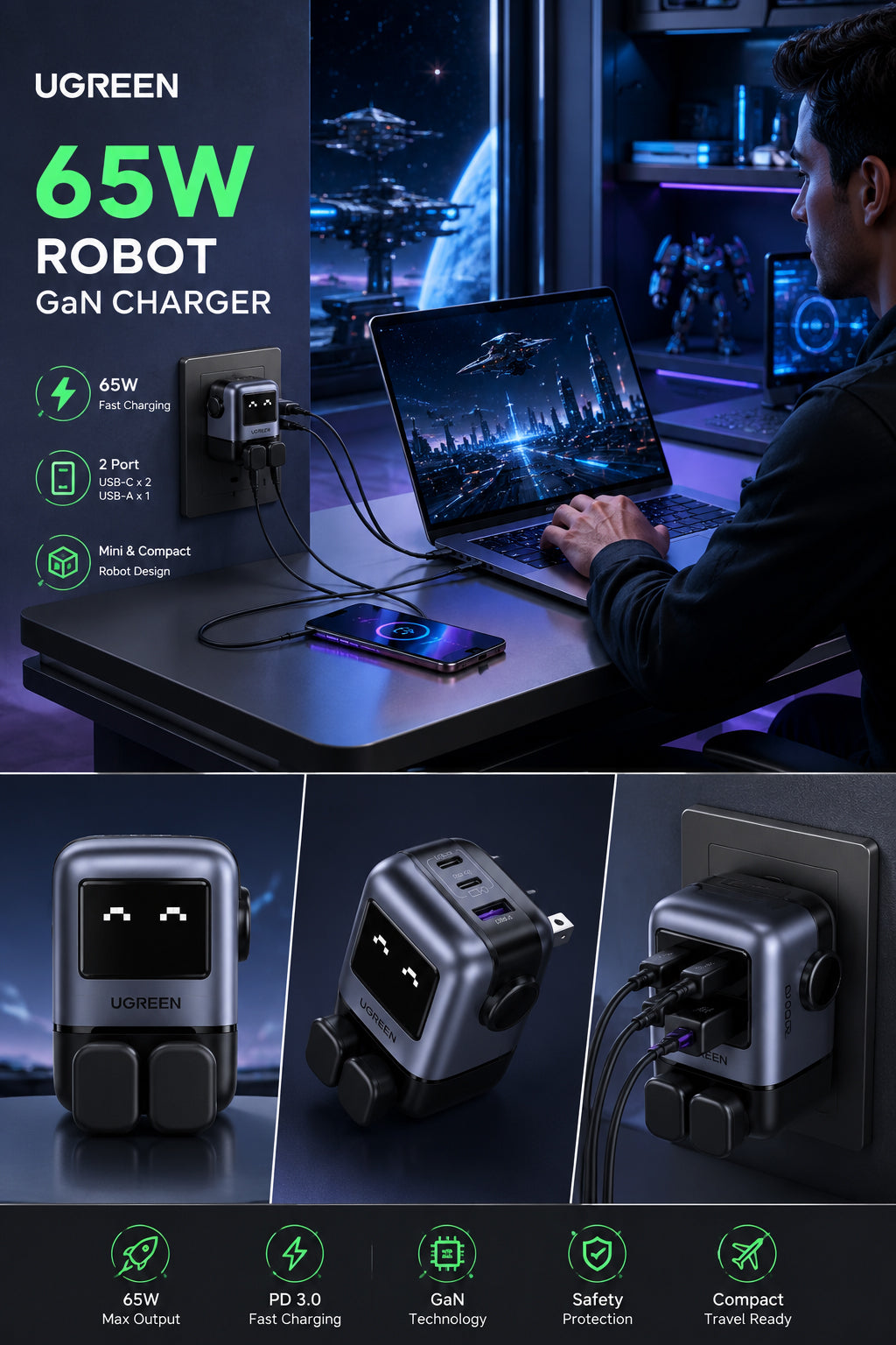 UGREEN 65W ROBOT GAN GHARGER