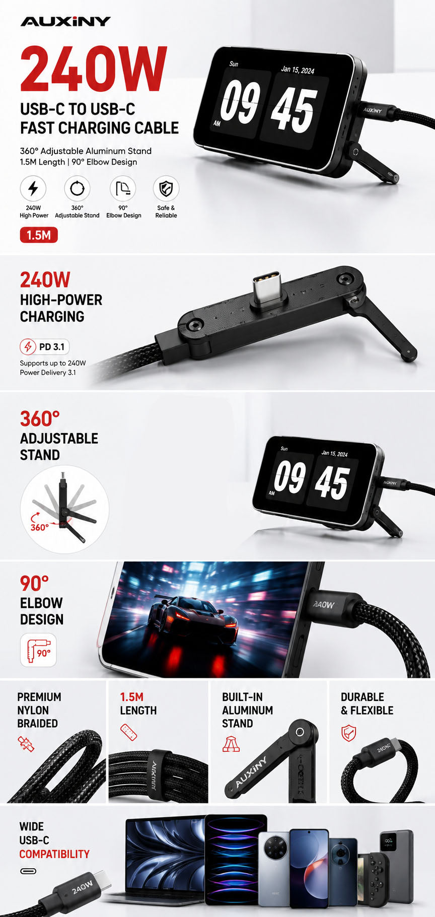 AUXINY 240W C to C Fast Charging Cable with 360° Aluminum Stand